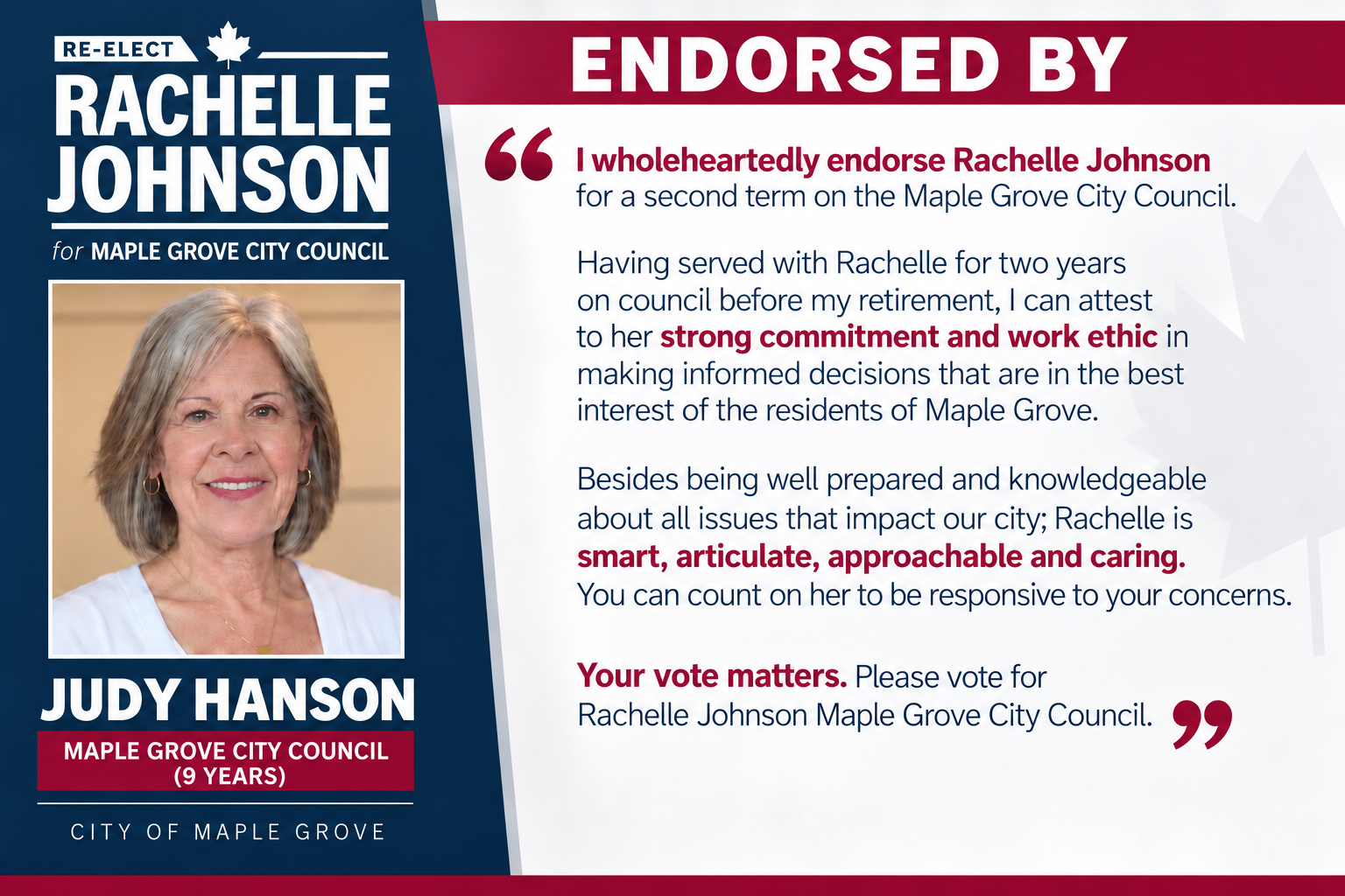 Endorsement of Rachelle Johnson by Judy Hanson, former Maple Grove Councilmember