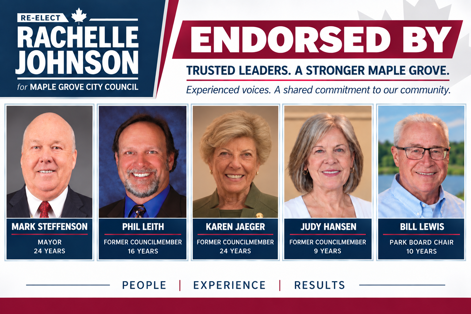 Rachelle Johnson endorsed by Mark Steffenson, Phil Leith, Karen Jaeger, Judy Hansen, and Bill Lewis.